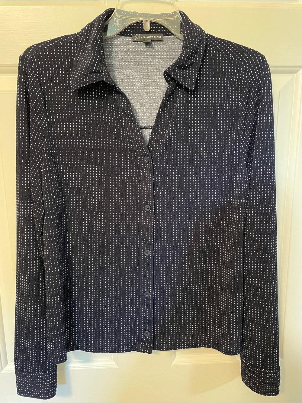 EUCAdrianna Papell Navy Dot-Pattern Button-Up Blouse